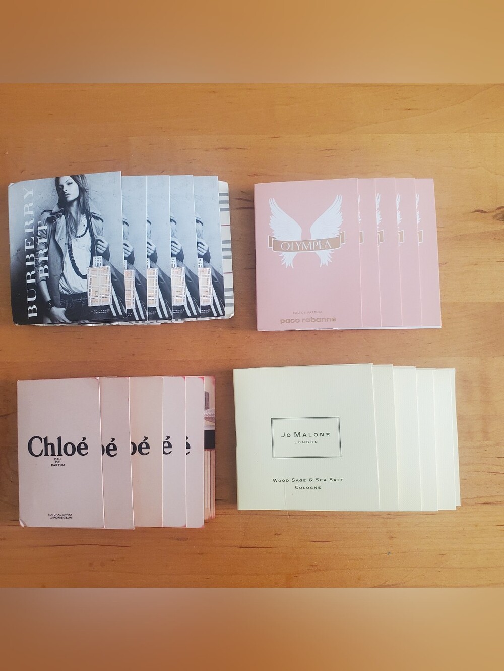 4 distinct sets of carded designer perfume sample vials, Chloè ,Jo Malone,Paco..